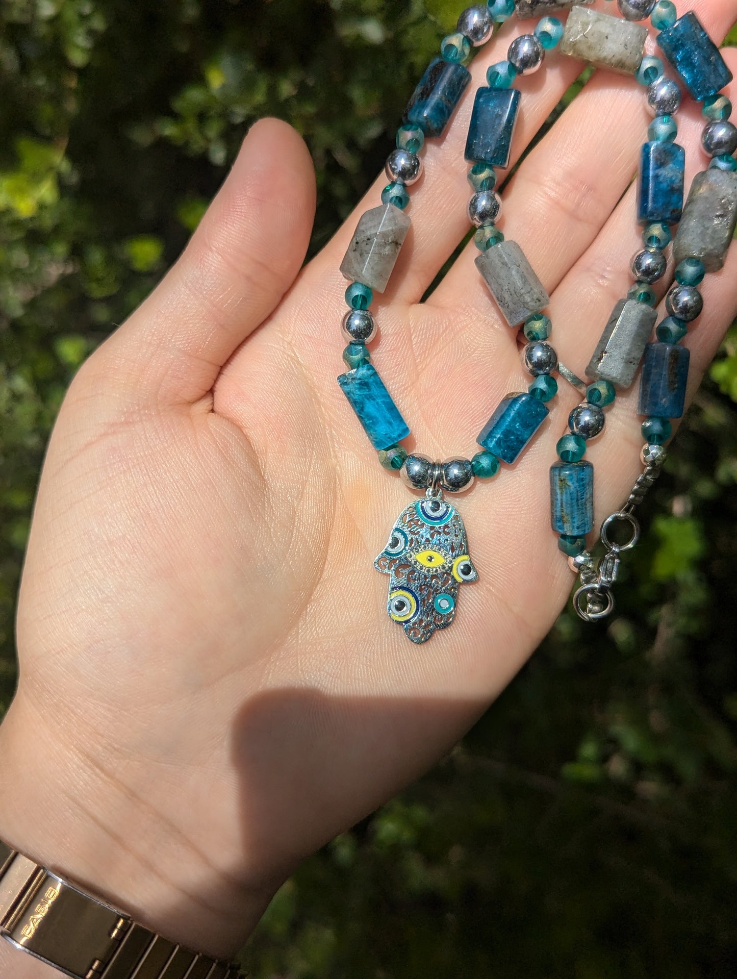 Hamsa with Evil Eyes, Labradorite and Apatite Gemstones Necklace