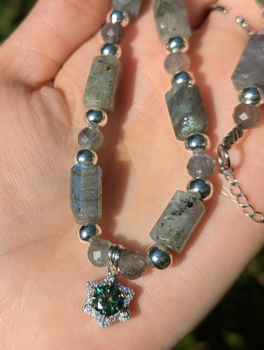 Blue Green Moissanite Magen David & Labradorite Gemstones