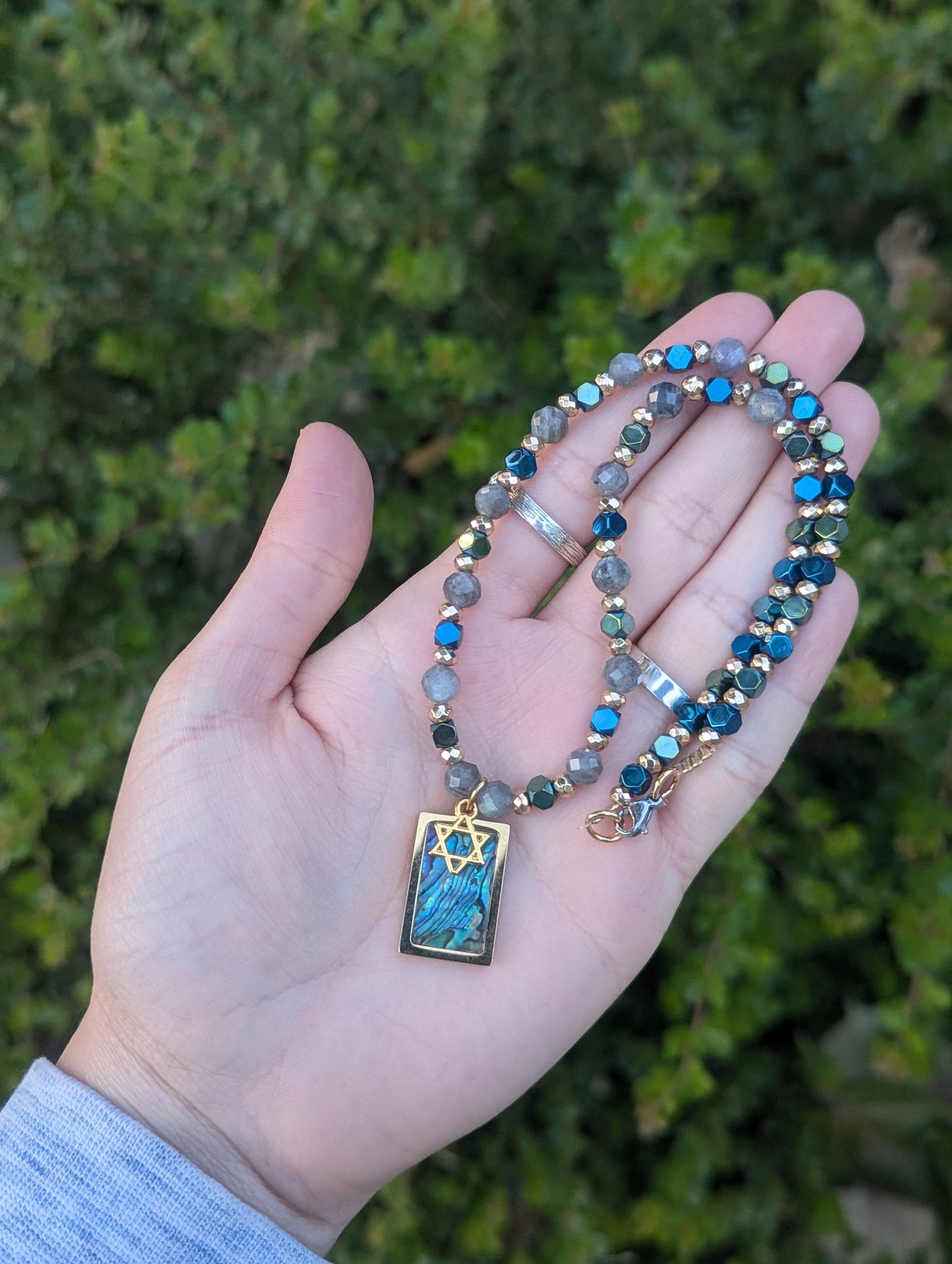 Abalone Shell Gold Plated Magen David and Labradorite Gemstones