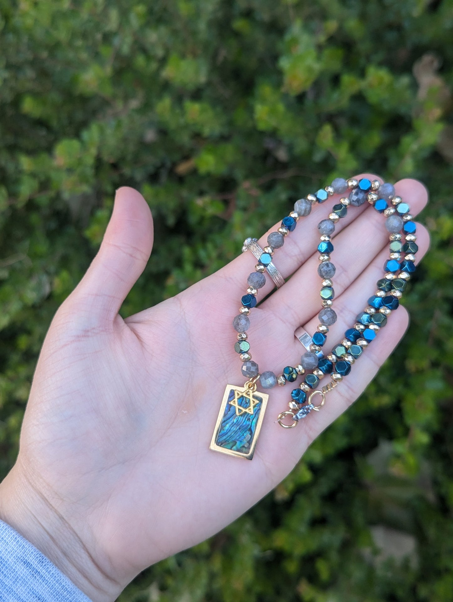 Abalone Shell Gold Plated Magen David and Labradorite Gemstones