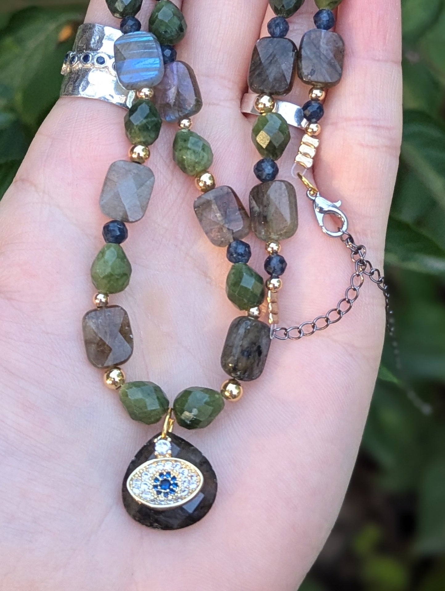 Gold Plated Evil Eye, Labradorite and Jasper Gemstones Beaded Necklace
