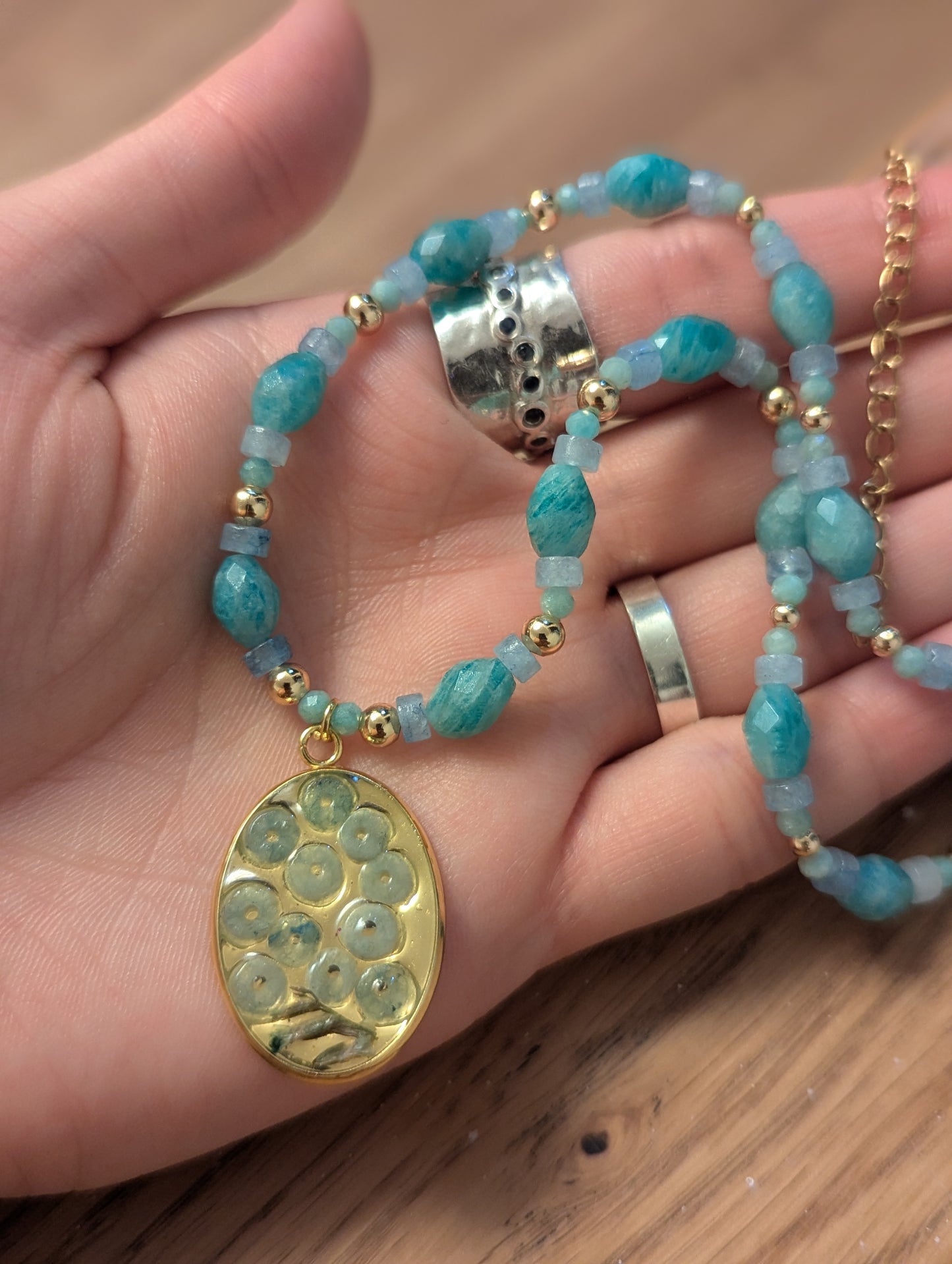Israel Encapsulated: Aquamarine & Amazonite Necklace with Israeli Tiny Flowers and Gold Plating