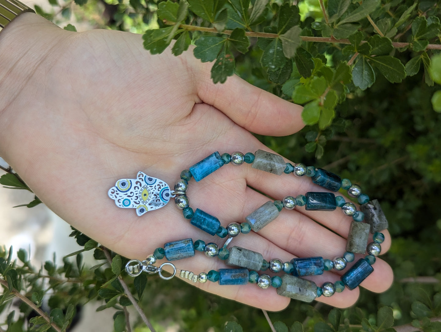 Hamsa with Evil Eyes, Labradorite and Apatite Gemstones Necklace