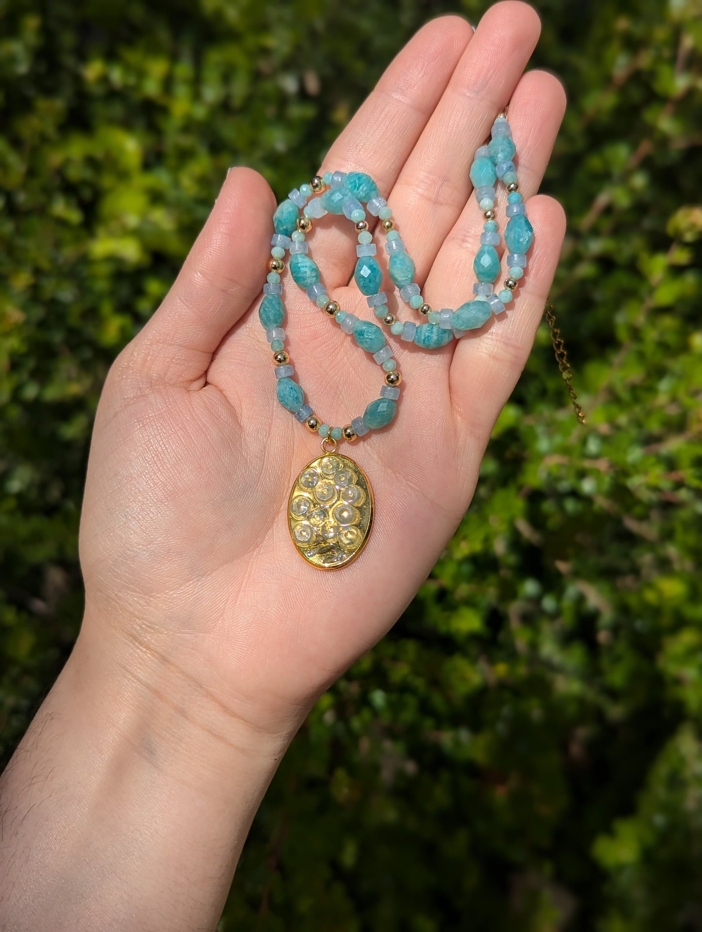 Israel Encapsulated: Aquamarine & Amazonite Necklace with Israeli Tiny Flowers and Gold Plating