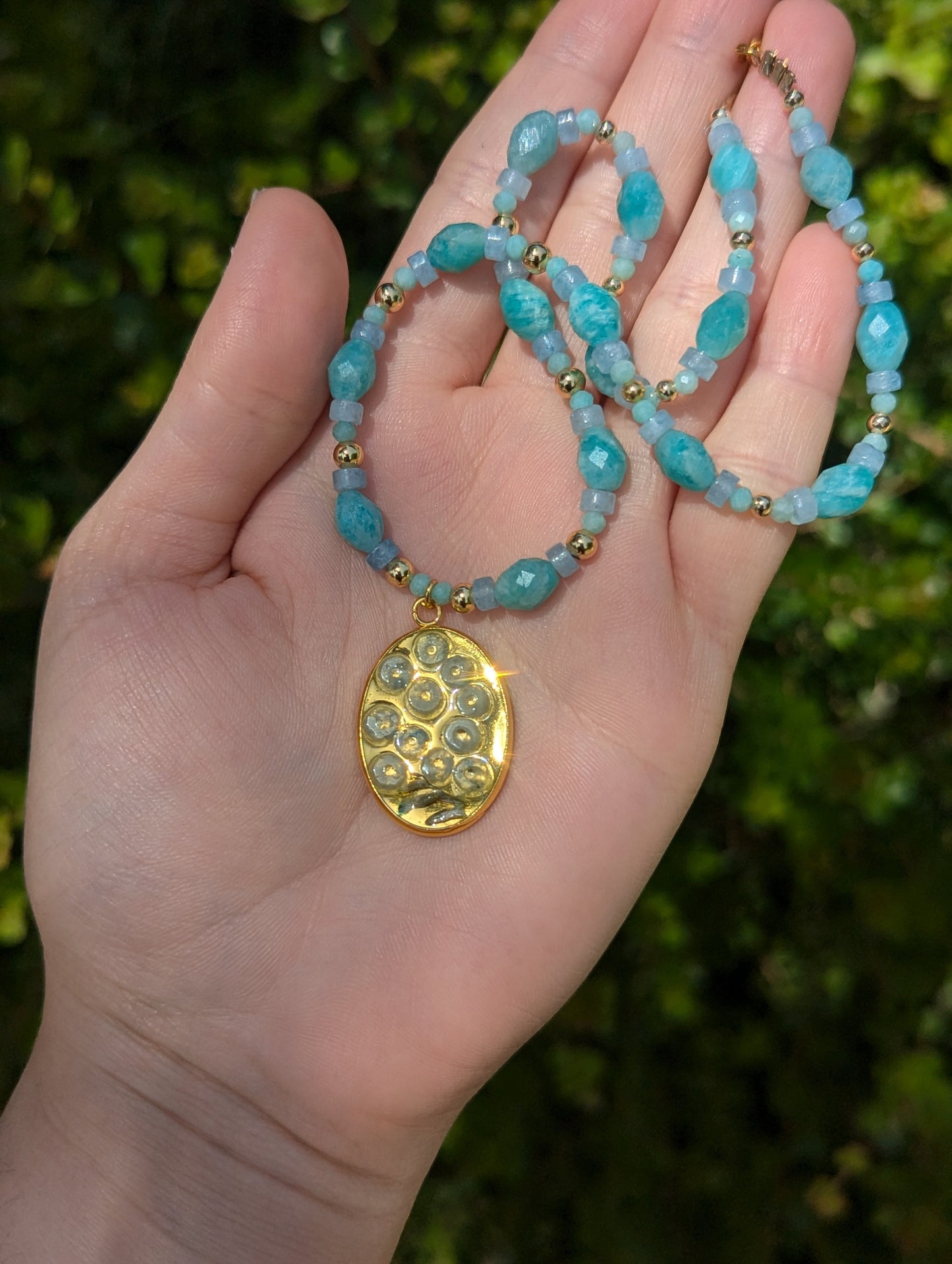 Israel Encapsulated: Aquamarine & Amazonite Necklace with Israeli Tiny Flowers and Gold Plating