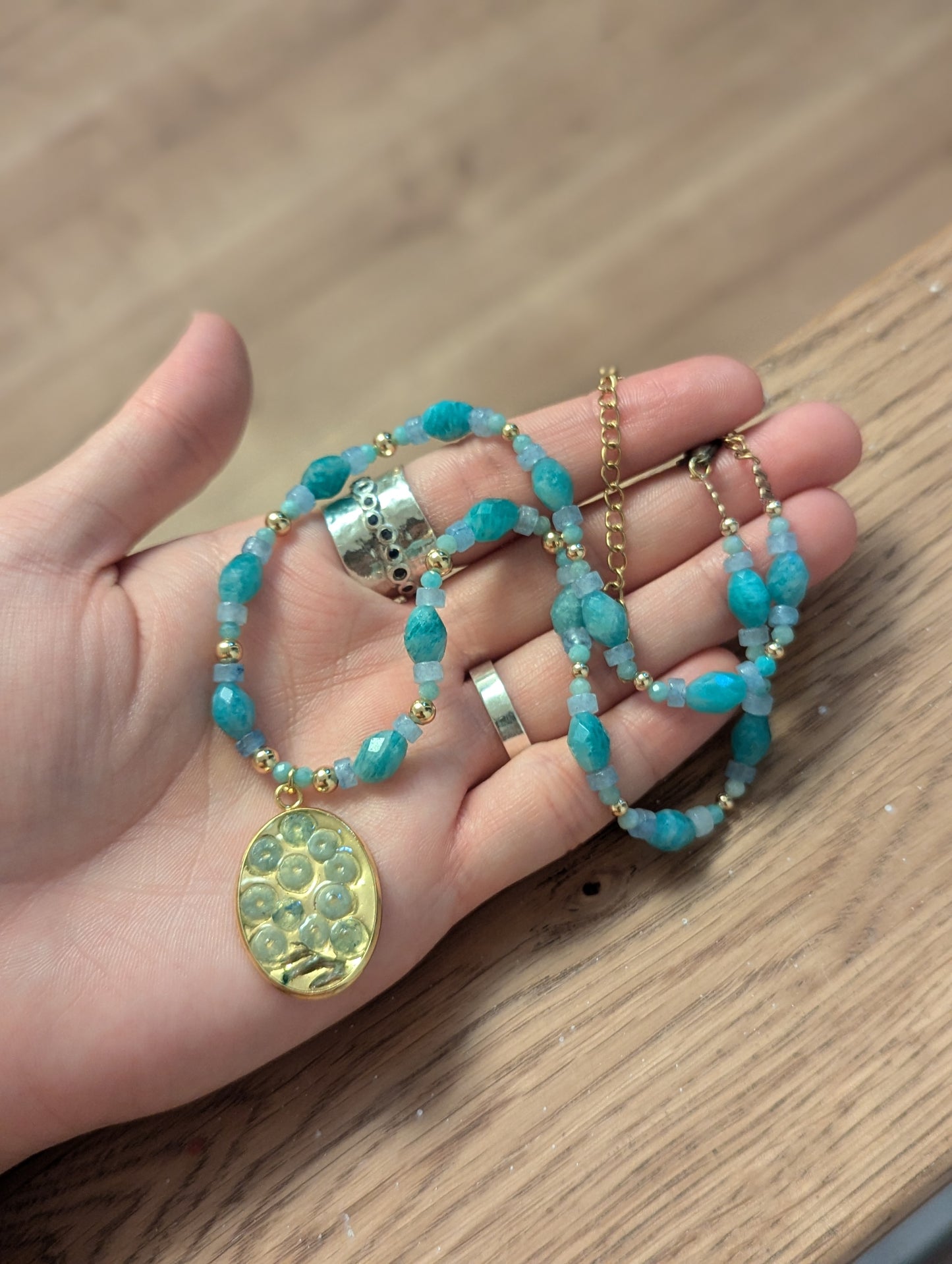Israel Encapsulated: Aquamarine & Amazonite Necklace with Israeli Tiny Flowers and Gold Plating