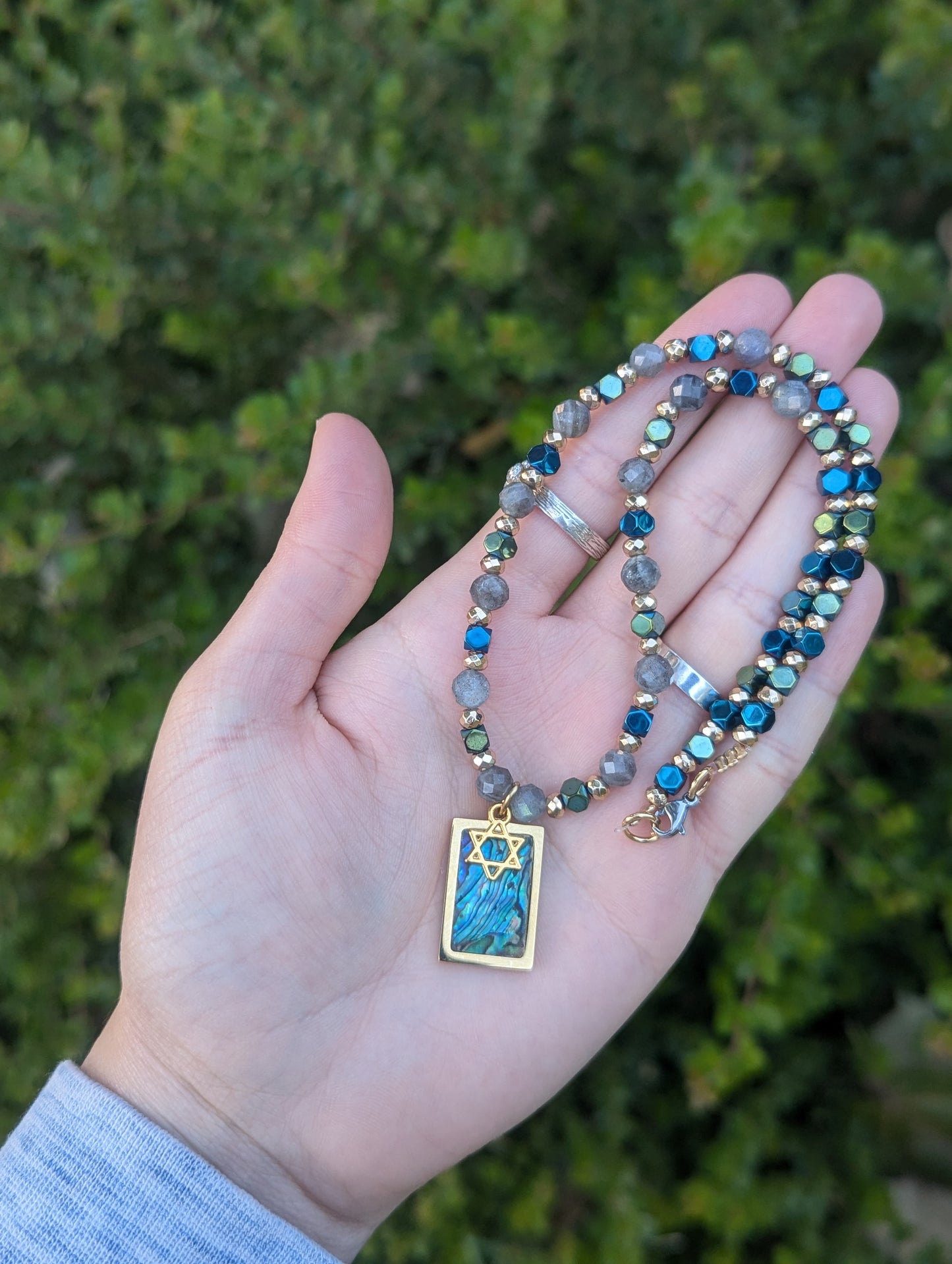 Abalone Shell Gold Plated Magen David and Labradorite Gemstones