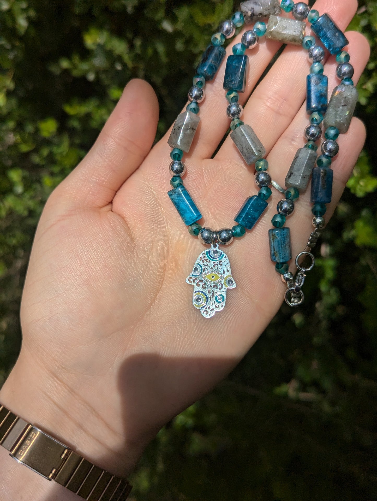 Hamsa with Evil Eyes, Labradorite and Apatite Gemstones Necklace