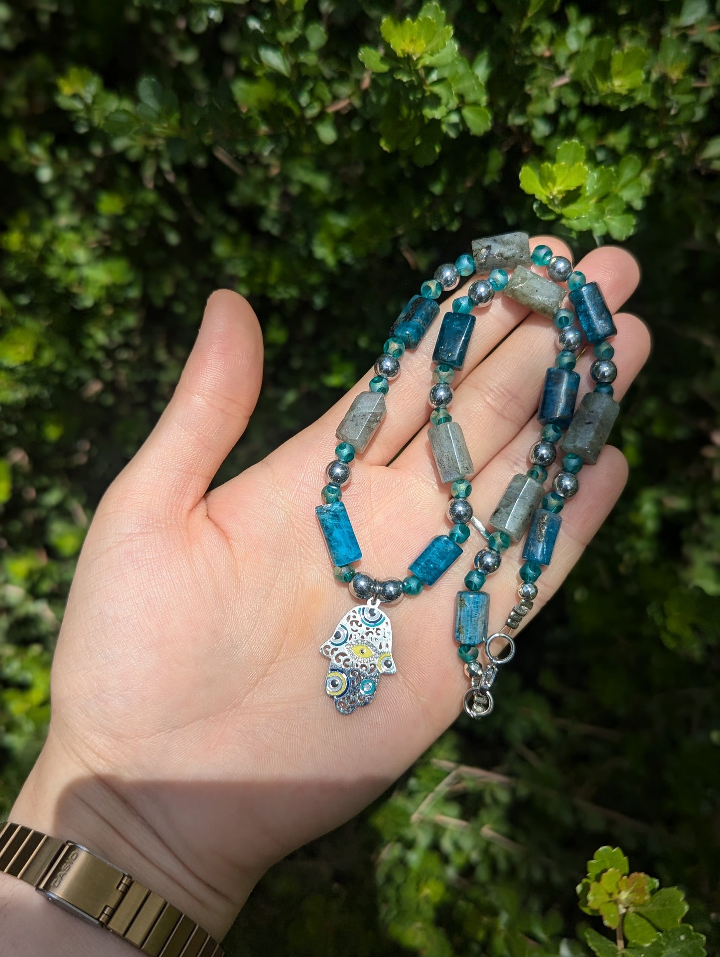 Hamsa with Evil Eyes, Labradorite and Apatite Gemstones Necklace