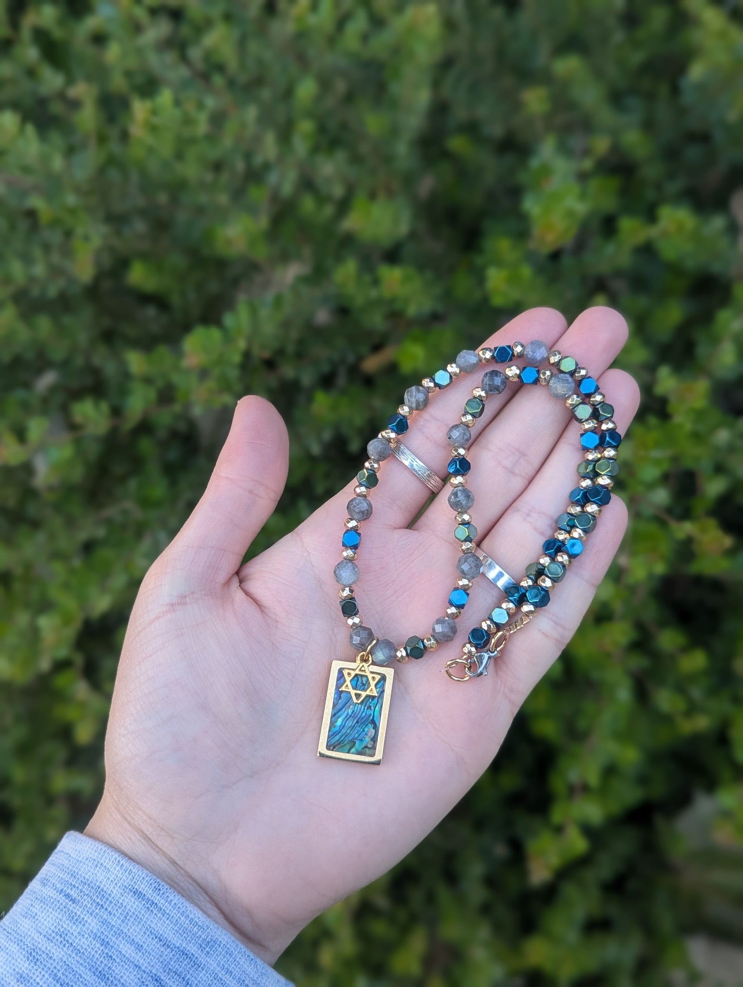 Abalone Shell Gold Plated Magen David and Labradorite Gemstones