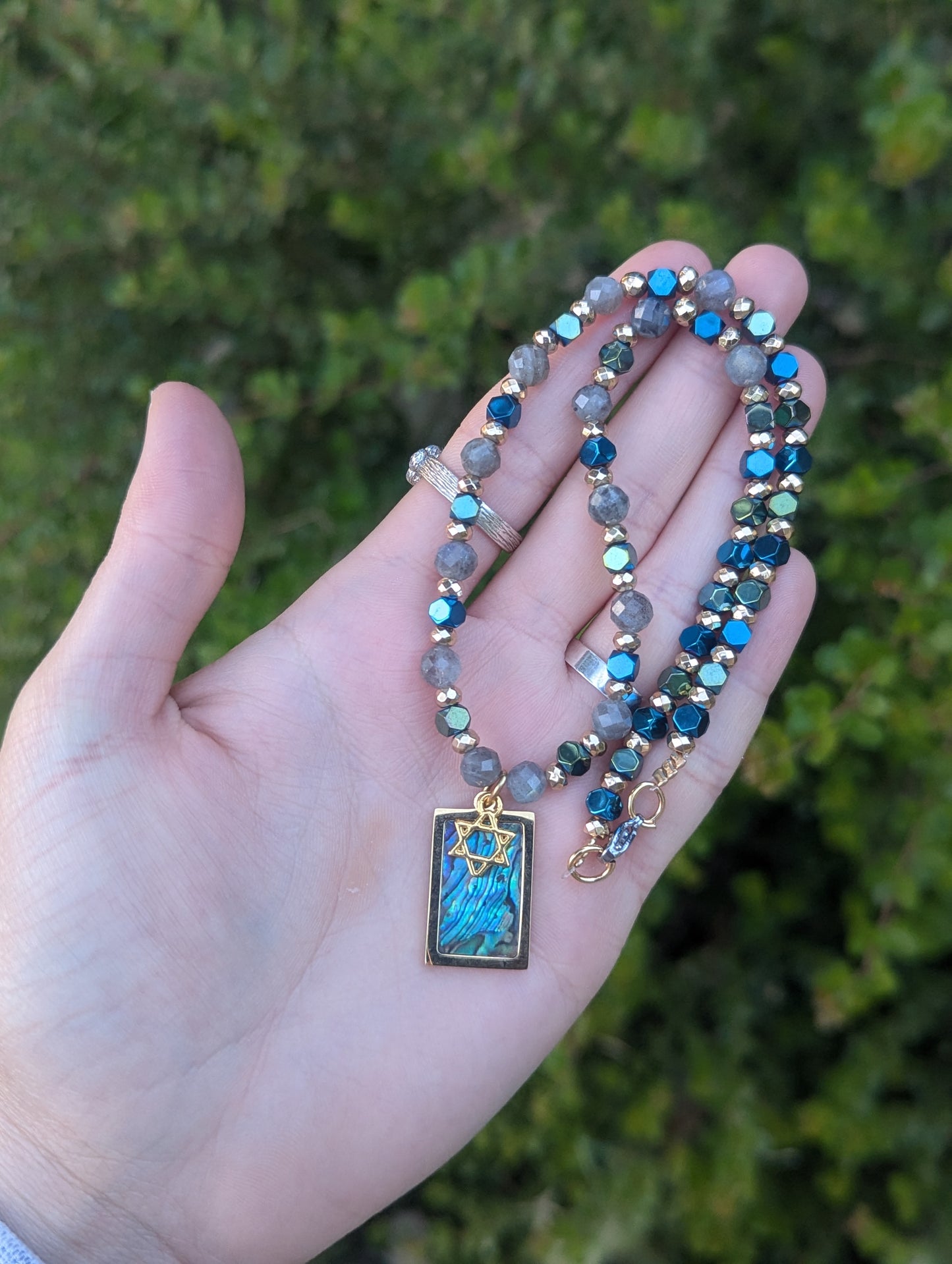 Abalone Shell Gold Plated Magen David and Labradorite Gemstones