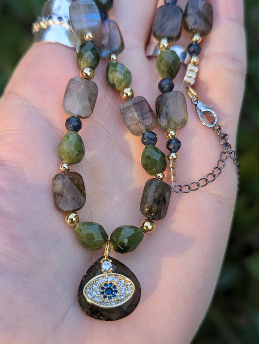 Gold Plated Evil Eye, Labradorite and Jasper Gemstones Beaded Necklace