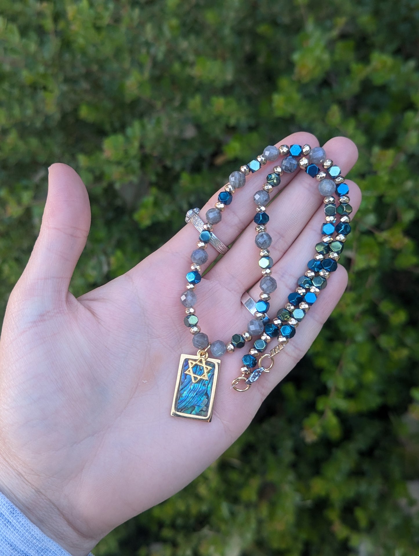 Abalone Shell Gold Plated Magen David and Labradorite Gemstones