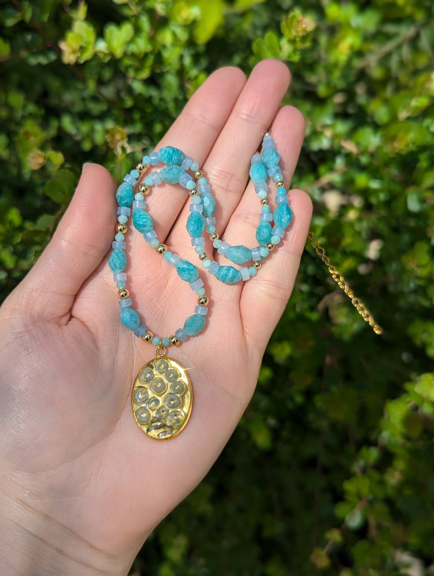 Israel Encapsulated: Aquamarine & Amazonite Necklace with Israeli Tiny Flowers and Gold Plating