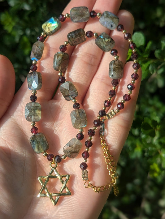 Mesmerizing Garnet and Labradorite Gemstones with a Gold Plated Star of David