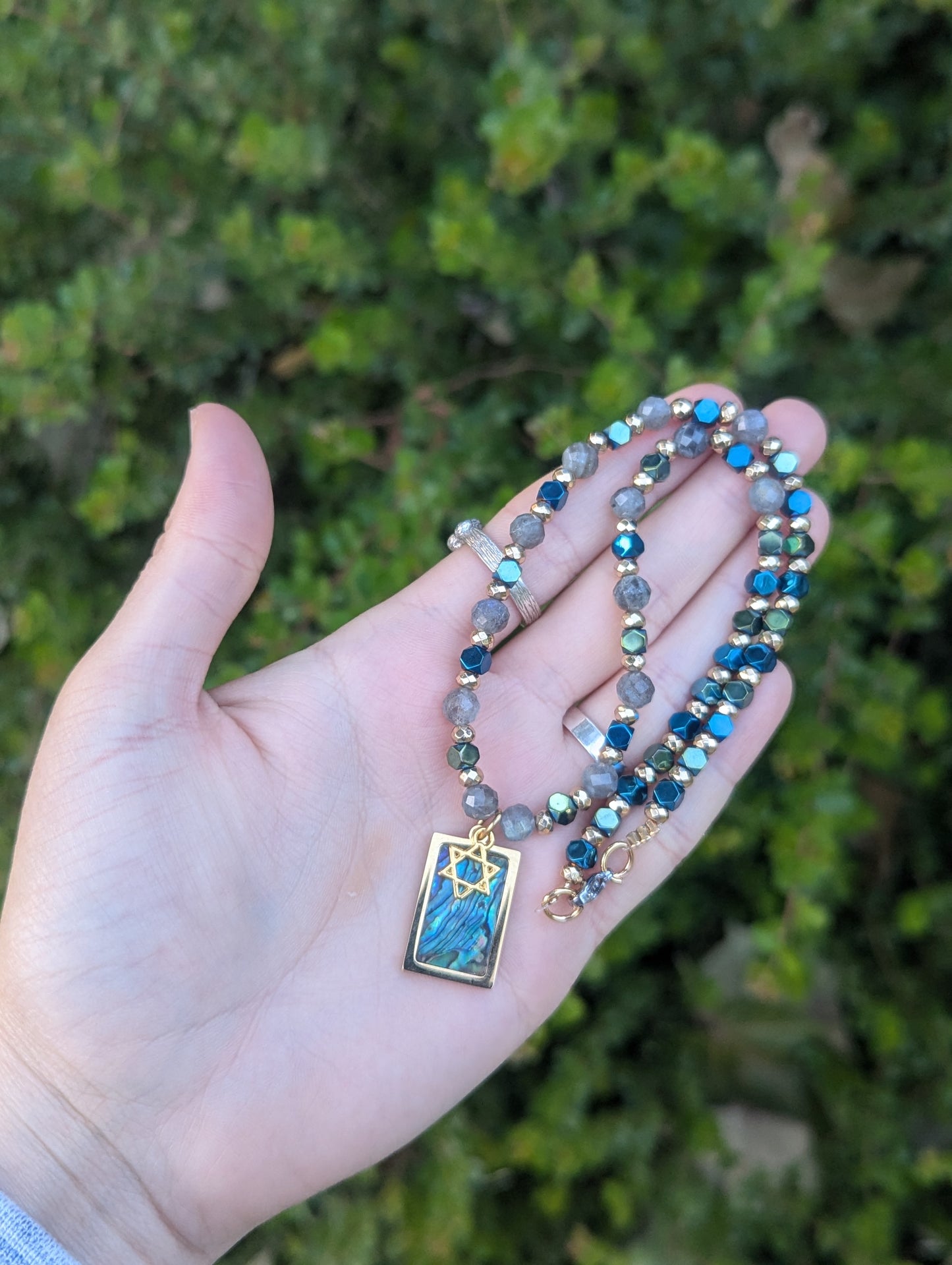 Abalone Shell Gold Plated Magen David and Labradorite Gemstones