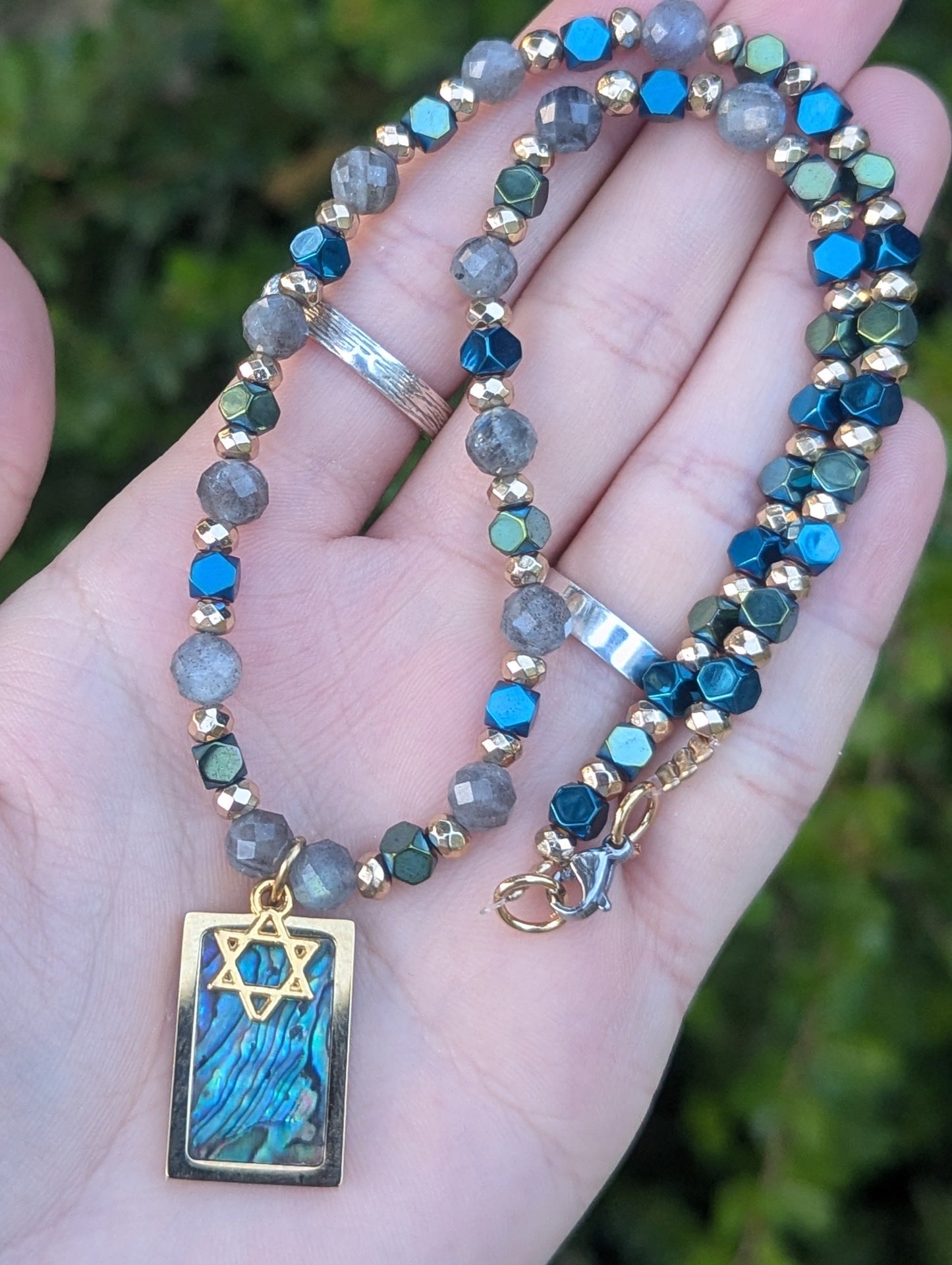 Abalone Shell Gold Plated Magen David and Labradorite Gemstones